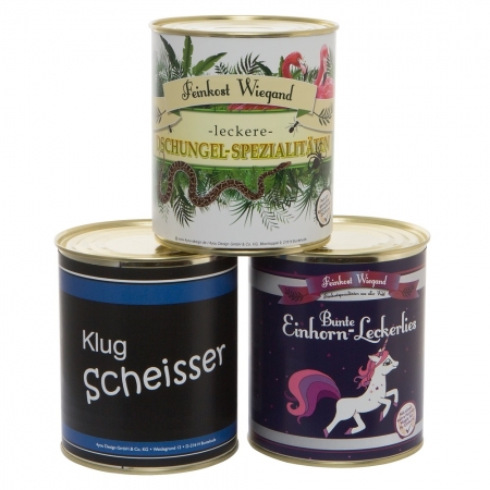 3er Set Einhorn-Leckerlies, Klugscheisser und Dschungel-Spezialitäten aus der Dose