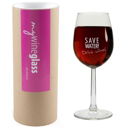 Weinglas "Save water! Drink wine!" mit Geschenkbox