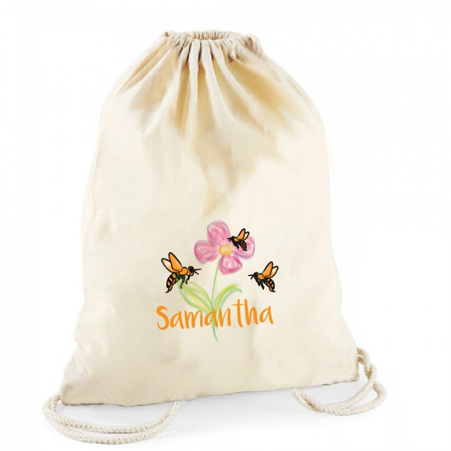 Statement-Turnbeutel Blume + Bienen mit Namen (personalisiert)