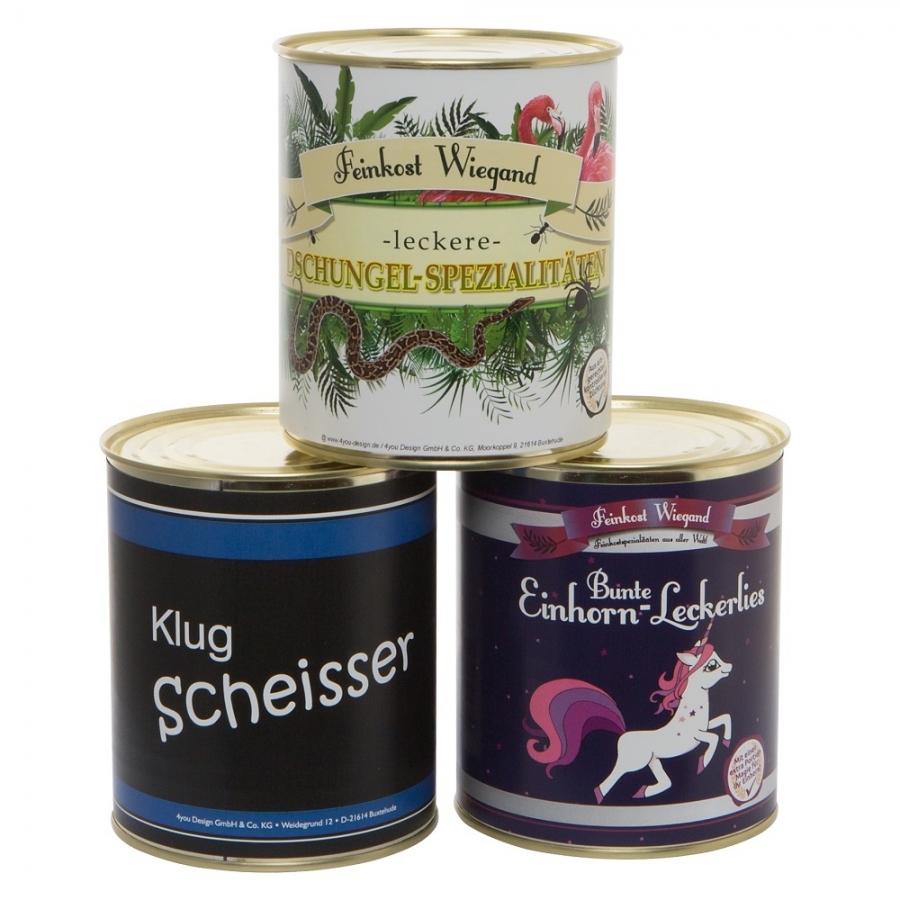 3er Set Einhorn-Leckerlies, Klugscheisser und Dschungel-Spezialitäten aus der Dose