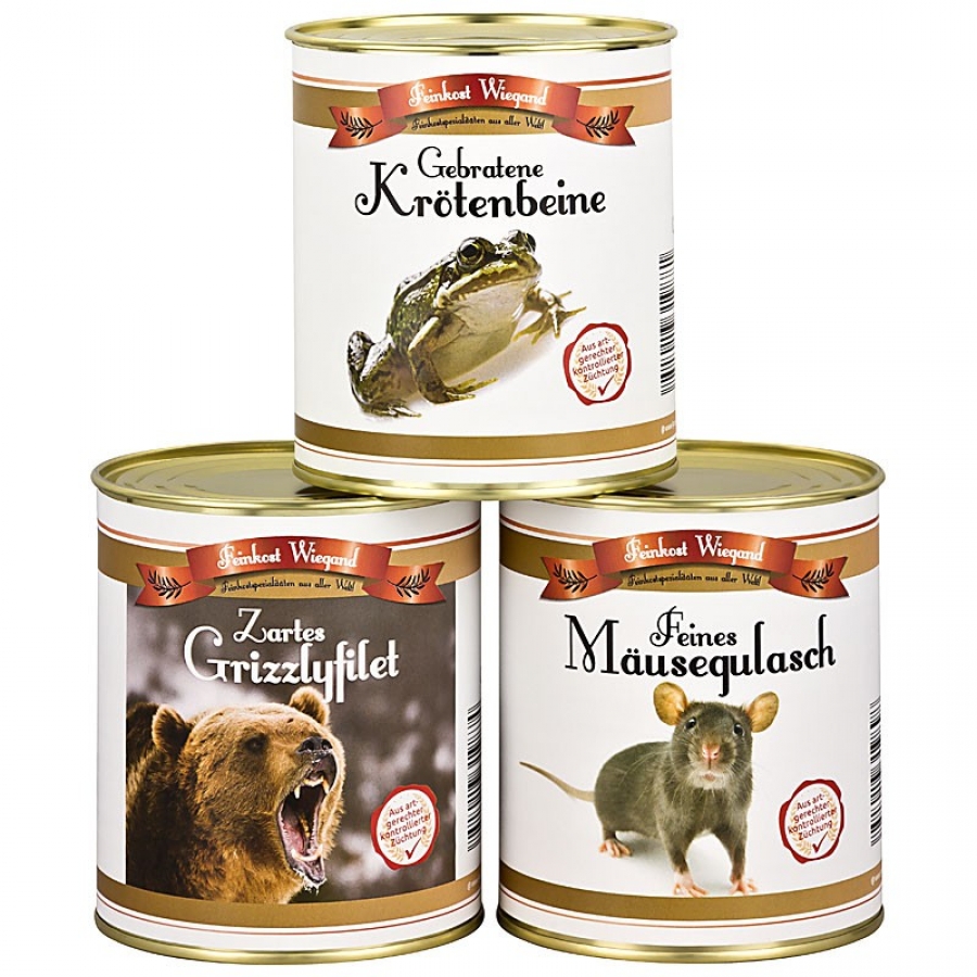 3er-Set - Krötenbeine, Mäusegulasch und Grizzlyfilet aus der Dose