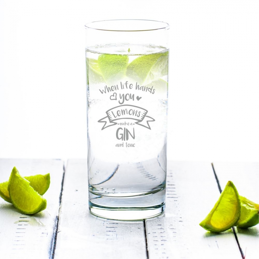 Ginglas mit Spruch "When life hands you - Lemons make a GIN and tonic"
