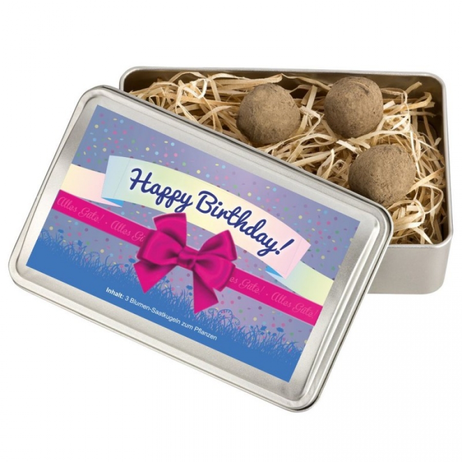 Blumen-Saatkugeln "Happy Birthday" mit Schleife