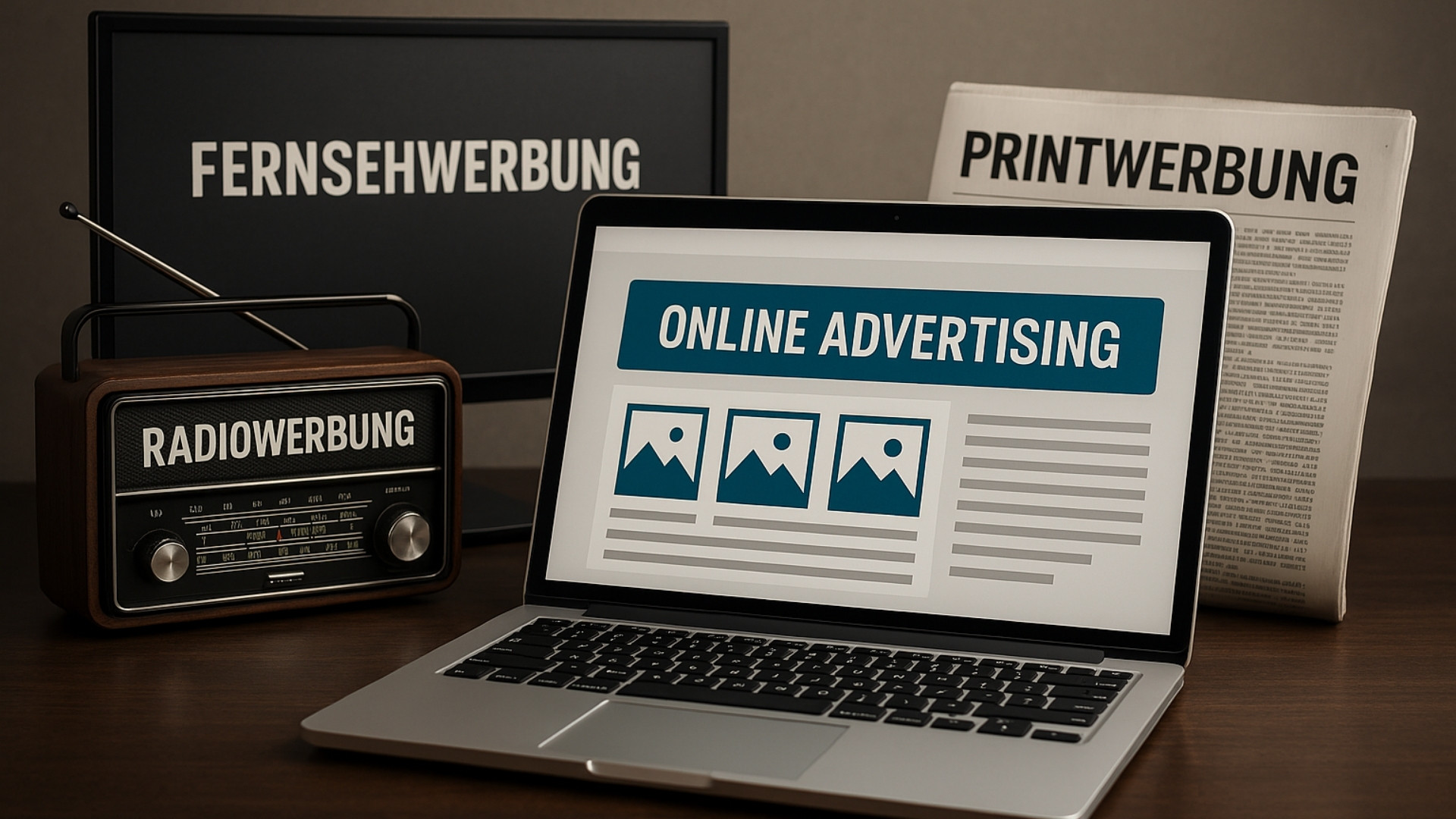 Werbung in den Medien Anzeigenwerbung über Radio, Fernsehwerbung, Printmedien, Zeitungen, Suchmaschinenwerbung und soziale Medien.